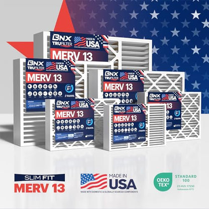 BNX TruFilter 16x20x4 (15.5’’ x 19.5’’ x 3.63‘’ Slim Fit) MERV 13 Air Filter (2-Pack) - MADE IN USA - Air Conditioner HVAC AC Furnace Filters Health, Allergies, Mold, Bacteria, Smoke, MPR 1900 FPR 10 - size: 16x20x4 2-Pack (Slim Fit)