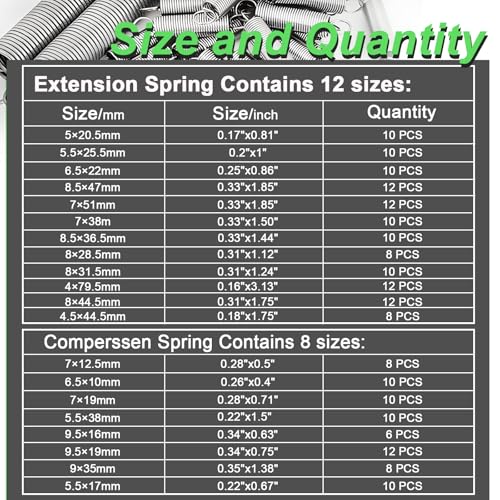 200PCS Spring Assortment Kit Zinc Plated Extension and Compression Springs Kit with 20 Different Sizes for Home Repairs & DIY - size: 200PCS (20 Sizes)