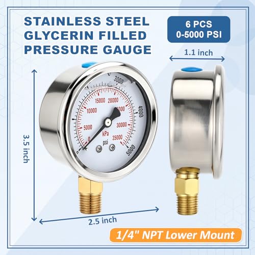 0-5000 Psi 6 Pcs Glycerin Liquid Filled Oil Pressure Gauge, White - color: White, style: 0-5000 Psi