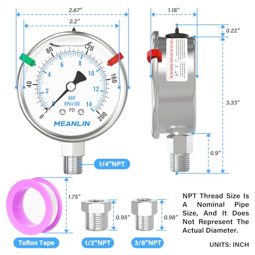 MEANLIN MEASURE 0~200Psi Stainless Steel Liquid Filled Pressure Gauge 2.5" FACE DIAL 1/4" NPT for Air Compressor Air Regulator Water Filter Lower Mount with Stainless Steel Hex Bushing and Snaps - size: 0-200Psi, style: Lower Mount