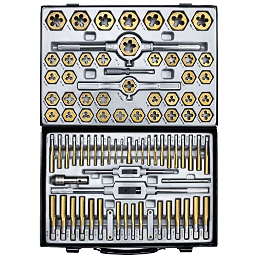 86-Piece Master Tap and Hex Die Set, Premium Titanium Coating | SAE Size #4 to 5/8”, Metric Size M3 to M16 | For All Coarse, Fine, Pipe Threads | Complete with Holders, Stocks, Gauges and Metal Case - style: HSS Titanium Set, 86-Piece