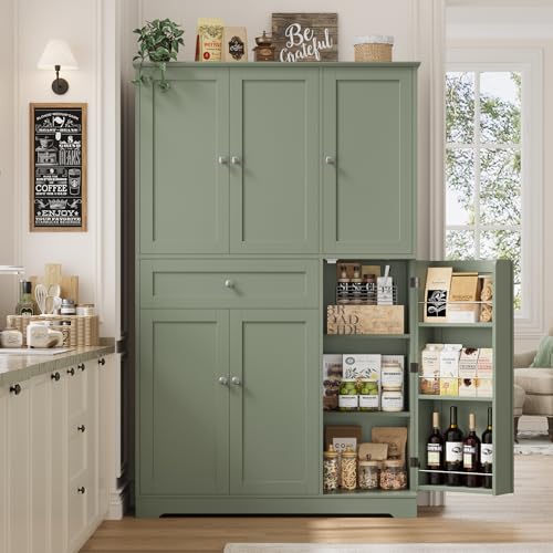 HOSTACK 68" Tall Kitchen Pantry Storage Cabinet with Doors & Shelves, Green - color: Sage Green