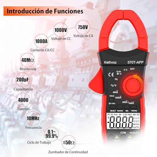 Kethvoz 570T-APP Digital Clamp Meter, 4000 Counts Bluetooth Multimeter, 1000A AC/DC Amp Voltage Tester, Measures Ohms, Capacitance, Frequency, Temperature, Diode, Continuity Test with Data Logging