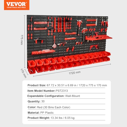VEVOR Wall Mounted Storage Rack System, 30-Bin Parts Rack Organizer with Wall Panels/Tool Holders/Hooks, Garage Plastic Shop Tool Organizer for Nuts, Bolts, Screws, Nails, Beads, Buttons
