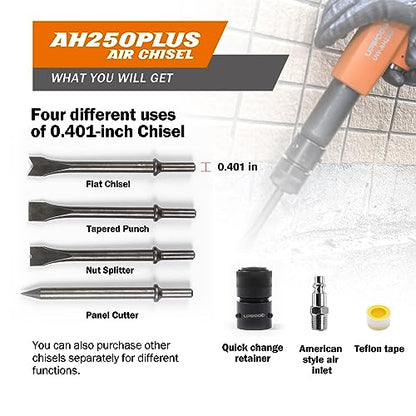 UW-AH250P Long Barrel Air Hammer Kit with Quick Change Retainer and 4 Chisels, 3-5/8 Inch Stroke, 2200 BPM, Light weight (AH250P - Long Barrel) - style: UW-AH250P Long Barrel