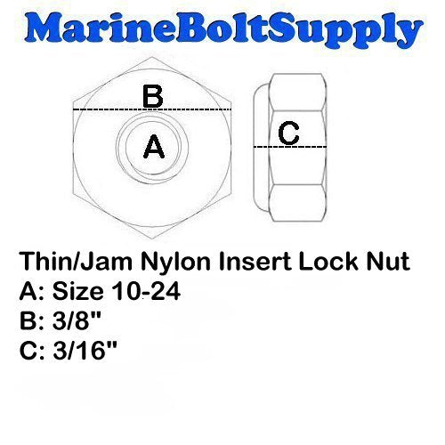 Stainless Steel Thin Jam Nylon Insert Lock Nuts 10-24 (pack of 50) Marine Bolt Supply - size: 10-24