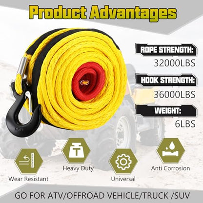 Marsui 1/2" x 100 ft Synthetic Winch Rope Cable Kit, 32000lbs, Yellow - color: Yellow, size: 1/2" X 100 ft