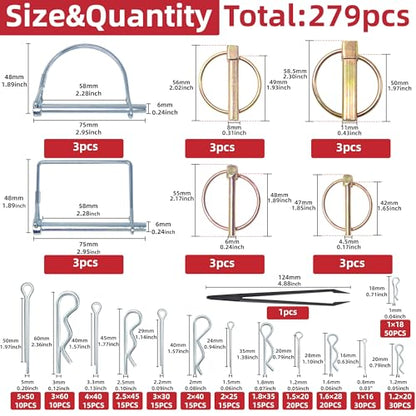 AMUNOK 279Pcs Heavy Duty Carbon Steel Pin Assortment, Hitch Lock & R-Clip - size: 18 Sizes