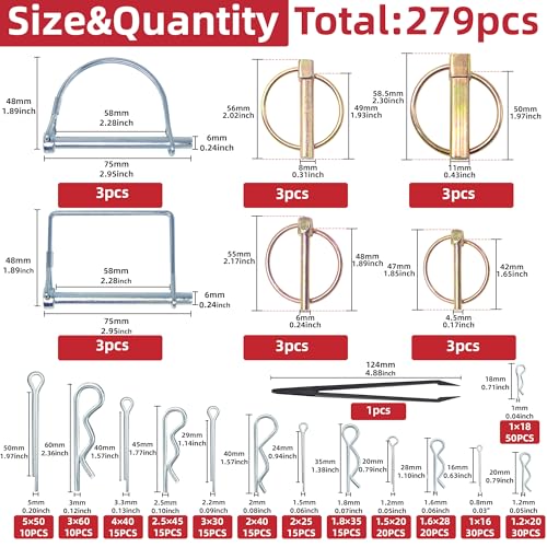 AMUNOK 279Pcs Heavy Duty Carbon Steel Pin Assortment, Hitch Lock & R-Clip - size: 18 Sizes