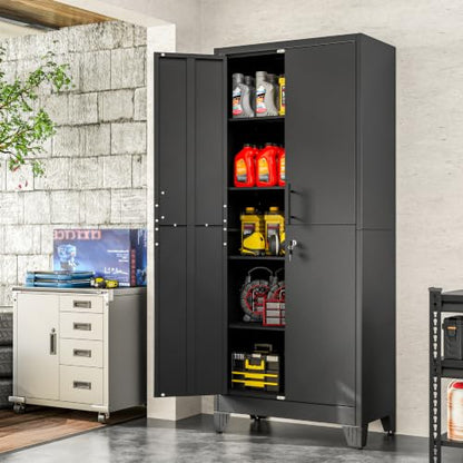 70.86" Metal Garage Storage Cabinet, Lockable Tall Tool Cabinet, Black - color: Black, size: 13.78"D x 25.98"W x 70.86"H