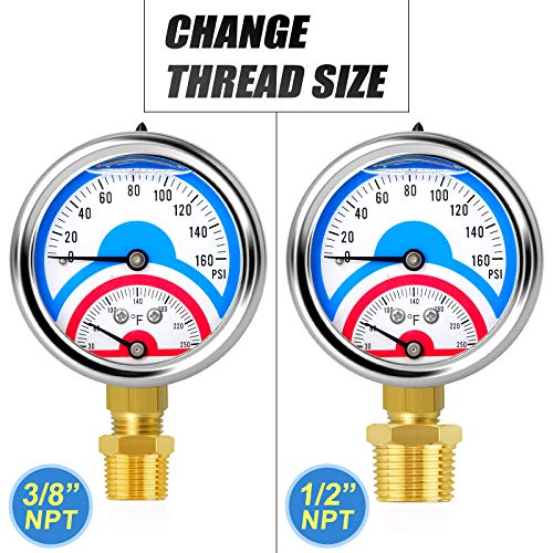 MEANLIN MEASURE 2PCS 0-160Psi Stainless Steel Thermal Pressure Gauge 30-250℉ 1/4" NPT 2.5" FACE DIAL Liquid Filled Pressure Gauge, with 1/2" NPT and 3/8" NPT Hex Bushing, Lower Mount - size: Lower Mount, style: Liquid Filled/2PCS