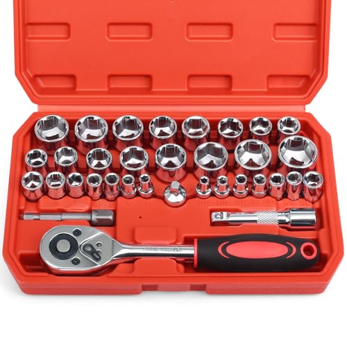 Egofine 34 Pieces 3/8 inch Drive Socket Ratchet Wrench Set, with Socket Set Metric/SAE and Extension Bar for Auto Repairing and Household, with Storage Case - color: Red, size: 3/8" 34 PCS