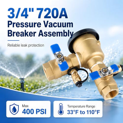 3/4 Inch Backflow Preventer, Brass Pressure Vacuum Breaker Assembly, 400 PSI Sprinkler Backflow Valve for Lawn Irrigation, Garden Water Lines and Outdoor Anti-Siphon Protection - size: 3/4 Inch