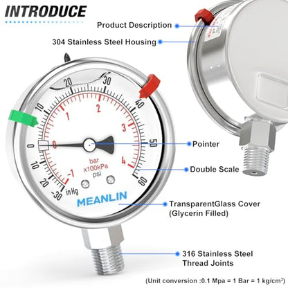 MEANLIN MEASURE -30inHG~60Psi Vacuum Pressure Gauge 316 Stainless Steel Joint 1/4"NPT 2.5"FACE DIAL, Liquid Filled Pressure Gauge WOG Water Oil Air Lower Mount with Stainless Steel Hex Bushing, Snaps - size: -30inHG-60Psi, style: Lower Mount