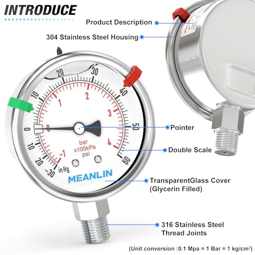 MEANLIN MEASURE -30inHG~60Psi Vacuum Pressure Gauge 316 Stainless Steel Joint 1/4"NPT 2.5"FACE DIAL, Liquid Filled Pressure Gauge WOG Water Oil Air Lower Mount with Stainless Steel Hex Bushing, Snaps - size: -30inHG-60Psi, style: Lower Mount