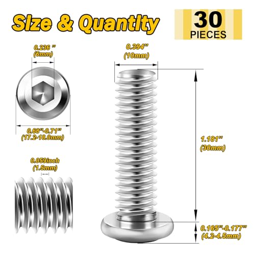 Mywish M10 x 30mm 30Pcs Silver Flat Head Hex Socket Cap Screws Bolts, 304 Stainless Steel Furniture Bolts Full Thread & Hex Spanner - color: Silver-M10, size: 30mm