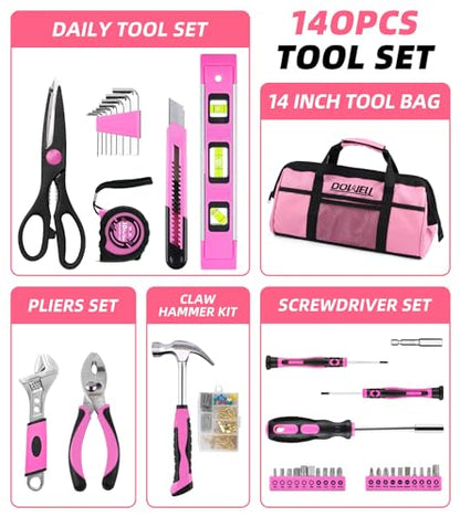 DOWELL Pink Tool Kit 140PCS for Women, Girls, Ladies, Household Tool Set - size: 140PCS