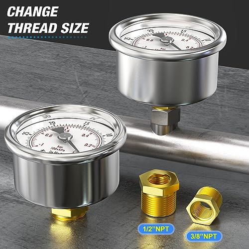 MEANLIN MEASURE -30inHG~0Psi Vacuum Gauge Stainless Steel 1/4" NPT 2" FACE DIAL Waterproof for Air Compressor HVAC Negative Pressure Hand Pump Pool Back Mount with 1/2" NPT and 3/8" NPT Hex Bushing - size: -15-0Psi