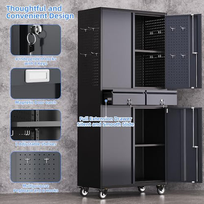 71" Metal Garage Storage Cabinet with 2 Drawers and Wheels - color: Black-dark Gray, size: 16"D x 30"W x 71"H