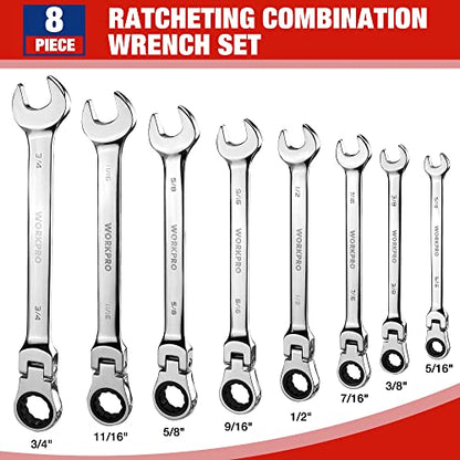 WORKPRO 8-piece Ratcheting Combination Wrench Set, SAE & Polished - size: SAE, style: Mirror Polished