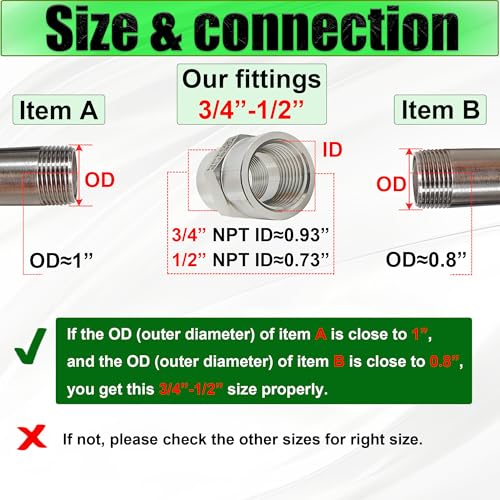 3/4 Inch NPT Female x 1/2 Inch NPT Female Pipe Fitting Reducer Coupler Connector, 304 Stainless Steel Reducing Coupling Adapter for Air Water Gas Oil (3/4" female x 1/2" female) - size: 3/4" female x 1/2" female