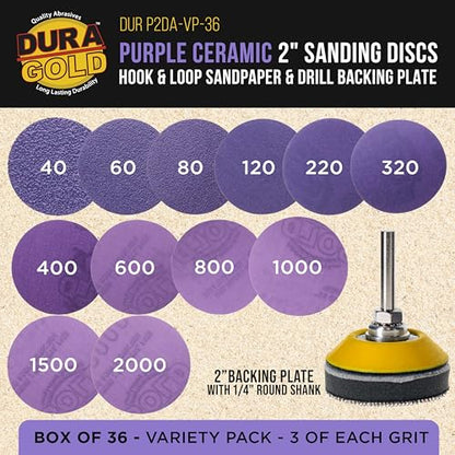 Dura-Gold Premium 2" Purple Film Ceramic Sanding Discs, 36 Disc Variety - style: Variety Pack