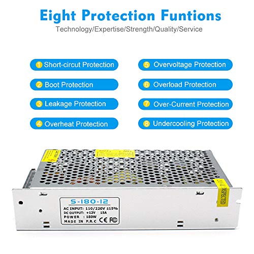 inShareplus 12V 15A 180W LED Power Supply, AC 100-240V to DC 12 Volt Regulated Switching Converter, Low Voltage Transformer for Strip Lights, Lighting Modules and 12V Devices - style: 12V 180W
