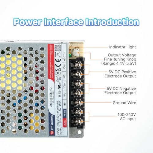 BTF-LIGHTING Power Supply DC5V 90W UL Recognized Component for LED Strip - size: 5V90W