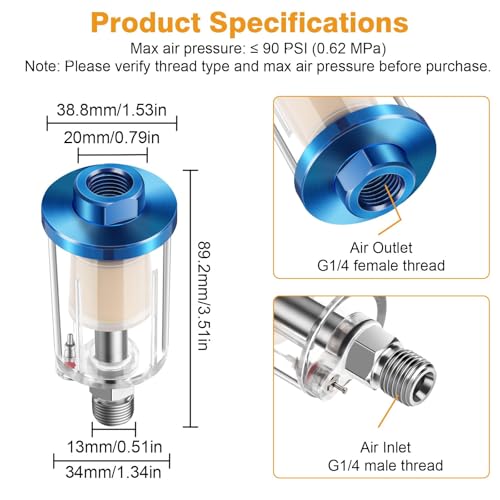 3PCS Water Oil Separators, Airbrush Moisture Separator Filter, Inline Water Separator for Air Compressor Air Line Fitting, 1/4" NPT Inlet & Outlet, 90 PSI Max Pressure