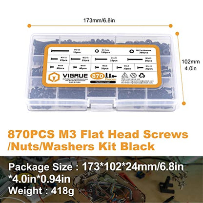 VIRGUE 870Pcs M3 Flat Head Phillips Machine Screws Black, M3 x 4/5/6/8/10/12/16/20/25/30mm Countersunk Metric Machine Screws Assortment Kit - size: M3 Phillips