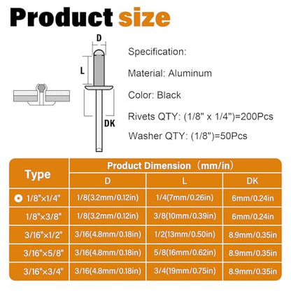250pcs 1/8" x 1/4" Black Aluminum Pop Rivets with Stainless Steel Washers 3.2 x 6.4mm Blind Rivet Assortment Kit - size: 1/8*1/4