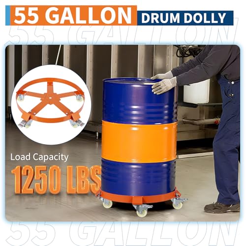 55 Gallon Heavy Duty Drum Dolly, 1,250 Pound Capacity,Barrel Dolly Cart Drum Caddy with Cross Braces & Swivel Casters Wheel,Non Tipping Design,Barrel Cart with Brake for Warehouse Drum Handling