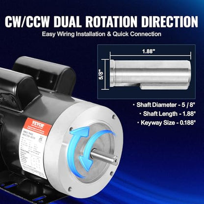 VEVOR 2HP Electric Motor 1725 RPM, AC 115V/230V, 56C Frame, Air Compressor Motor Single Phase, 5/8" Keyed Shaft, CW/CCW Rotation for Agricultural Machinery and General Equipment - size: 2 HP Single Phase-1.88 in Shaft Length