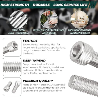 3/8-16 x 5/8" Socket Head Cap Screws (20 pcs), 304 Stainless Steel 18/8, Allen Hex Drive, Home Entertainment Furniture Screws, Fayeploo (with Hex Spanner) - size: 3/8-16 x 5/8"