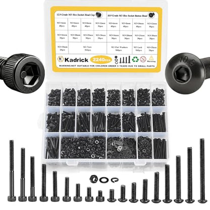 KADRICK 2240PCS M3 Screw Assortment,Hex Socket Button & Cap Head M3 Screws - size: M3 2240Pcs 4-35mm