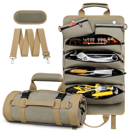 Tool Roll Up Bag, 1680D Heavy Duty Tool Bag Organizer with 2 Detachable Tool Pouches & Multiple Pockets, Waterproof Motorcycle Tool Roll for Mechanic & Electrician, Gift for Men Him Dad, 21.9"*13.8" - color: Khaki