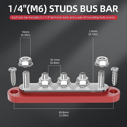 DaierTek Power Distribution Block with Cover Mini 5 x 1/4" Studs Bus Bar Terminal Block Max 150A 48V DC 300V AC Positive & Negative for Automotive Car Marine - size: 5M6+0S