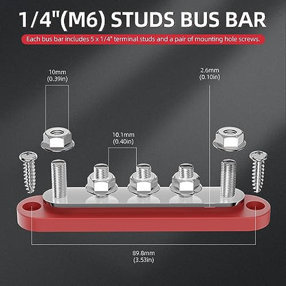 DaierTek Power Distribution Block with Cover Mini 5 x 1/4" Studs Bus Bar Terminal Block Max 150A 48V DC 300V AC Positive & Negative for Automotive Car Marine - size: 5M6+0S