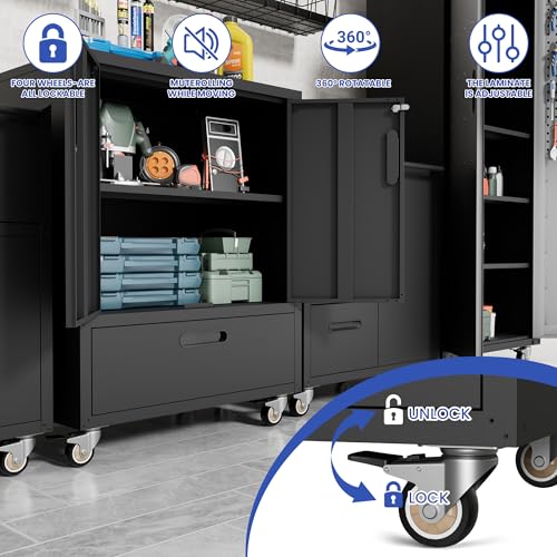 Metal Rolling Tool Storage Cabinet with 2 Locking Doors and 1 Drawer,Black - color: Black, style: 2 doors 1 drawer with wheels