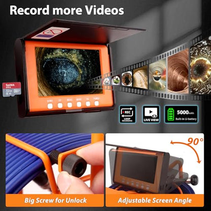 Sewer Camera 100FT/30M Pipe Inspection Borescope Endoscope Camera with Light 6 LEDs 5" IPS Screen 17MM Plumbing Snake 5000 Mah Battery,1080P High-Definition Industrial Sewer Camera - size: 100FT/30m/5"