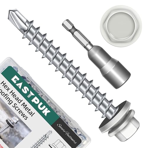 100-pack #10 x 1-1/2 Hex Head Self-Drilling Metal Roofing Screws with EPDM Washer, White Coated Wood Screws, Self Tapping Sheet Metal Roof Screws (Diamond Point) - color: White, size: #10 x 1-1/2"