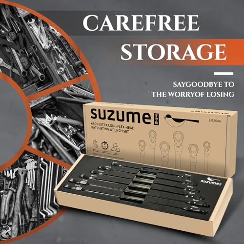 SUZUME Extra Long Flex Head Ratcheting Wrench Set 6PCS Metric (8-19mm) - size: 8-19mm