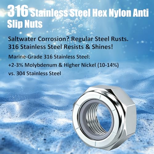 190Pcs 316 Stainless Steel Nylon Insert Lock Nuts Assortment Kit,9 Size - size: 9Size-190Pack