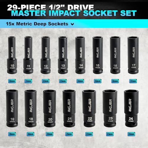 1/2" Impact Socket Set, 29PC Deep impact socket set, CR-MO SAE and Metric - size: 1/2inch 29PCS DEEP