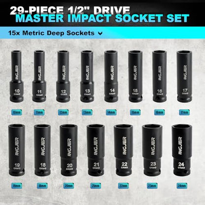 1/2" Impact Socket Set, 29PC Deep impact socket set, CR-MO SAE and Metric - size: 1/2inch 29PCS DEEP