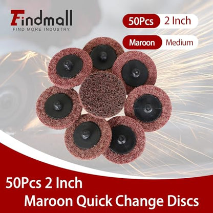 findmall 50Pcs 2 Inch Maroon Quick Change Surface Prep Conditioning Discs, Medium Grit for Cleaning, Finishing and Deburring on All Metals (Pack of 2) - size: 2 inches (Pack of 2)