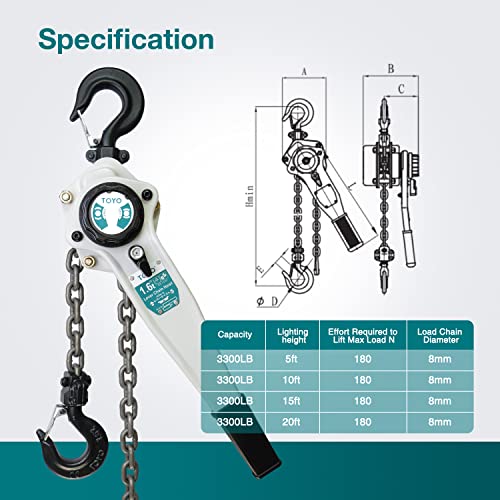 TOYO Lever Chain Hoist 3500Lbs 10ft,Chain Come Along 1.6T 10Ft Ratchet Chain Puller Hoist Alloy Steel G80 Chain 2 Heavy Duty Hooks for Building Warehouse Automotive Garages Machinery (3500LB 10FT) - size: 3500Lb 10Ft