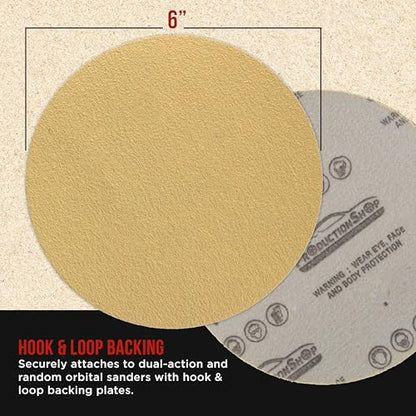 ProductionShop Premium 60 Grit 6" Gold Sanding Discs, Box of 80 - Hook & Loop Backing Abrasive Sandpaper for DA & Random Orbital Sanders - Sand Automotive Paint, Metal, Wood, Woodworking Furniture - style: 60 Grit