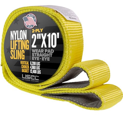 US Cargo Control Nylon Lifting Sling with Wear Pads 2" x 10', 2-Ply Eye to Eye Slings (Made in USA) - 4,960 LBS Choker, 6,200 LBS Vertical, 12,400 LBS Basket Capacity - Lift Straps for Lifting