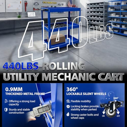 3-Tier Thickened Metal Cart w/Lockable Silent Wheels 440LBS